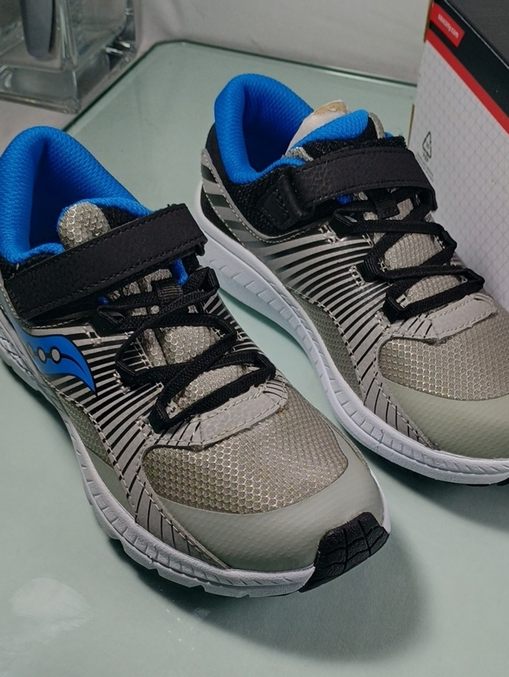 Saucony Gray and Blue Kids Athletic Sneakers with Hook-and-Loop Strap